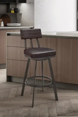 Bejnamin Swivel Bar Stool in Brown Metal with Brown Faux Leather By Ar Handmade