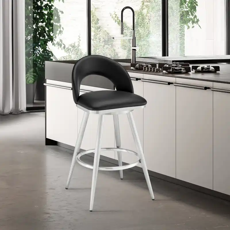 Authentic Lottech Swivel Bar Stool in Brushed Stainless Steel with Black Faux Le