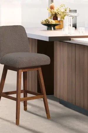 Amalie Swivel Bar Stool in Brown Oak Wood Finish with Taupe Boucle Fab Instant Buy