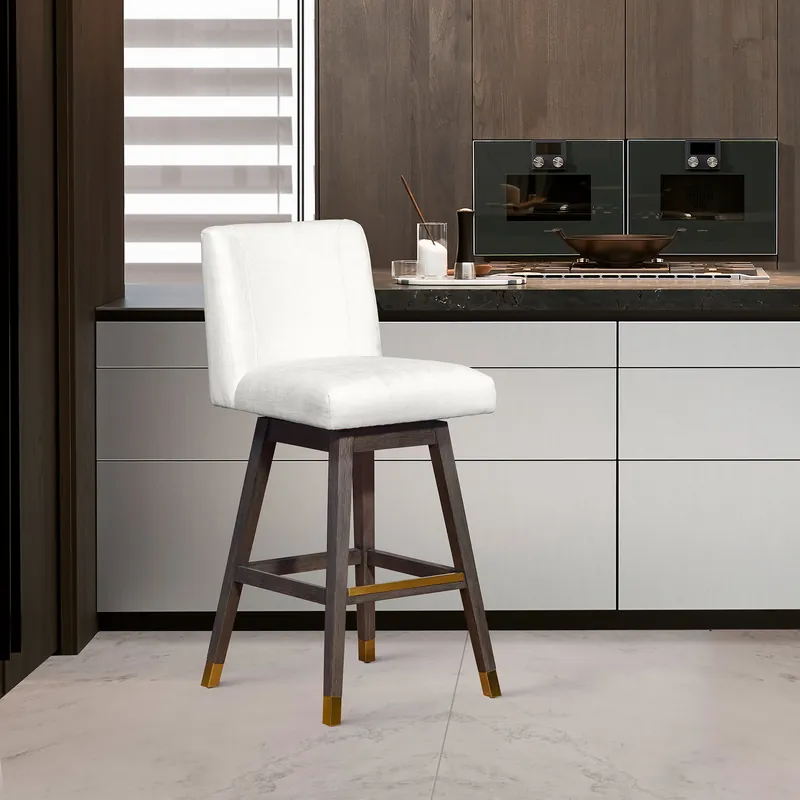Basila Swivel Bar Stool in Grey Oak Wood Finish with Pearl Fabric By A Save Now