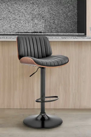 Brock Adjustable Black Faux Leather and Walnut Wood Bar Stool with Bla In Demand