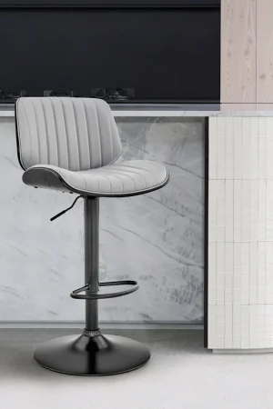 Brock Adjustable Gray Faux Leather and Walnut Wood Bar Stool with Blac Money Back Guarantee