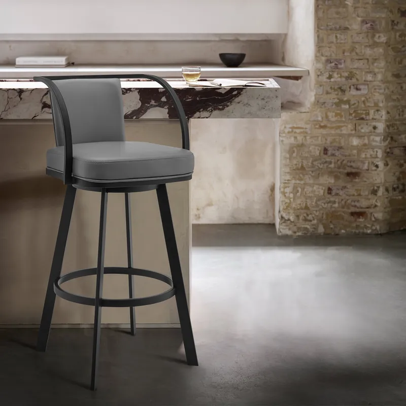 Time-Limited Livingston 30" Gray Faux Leather and Black Metal Swivel Bar Stool By A