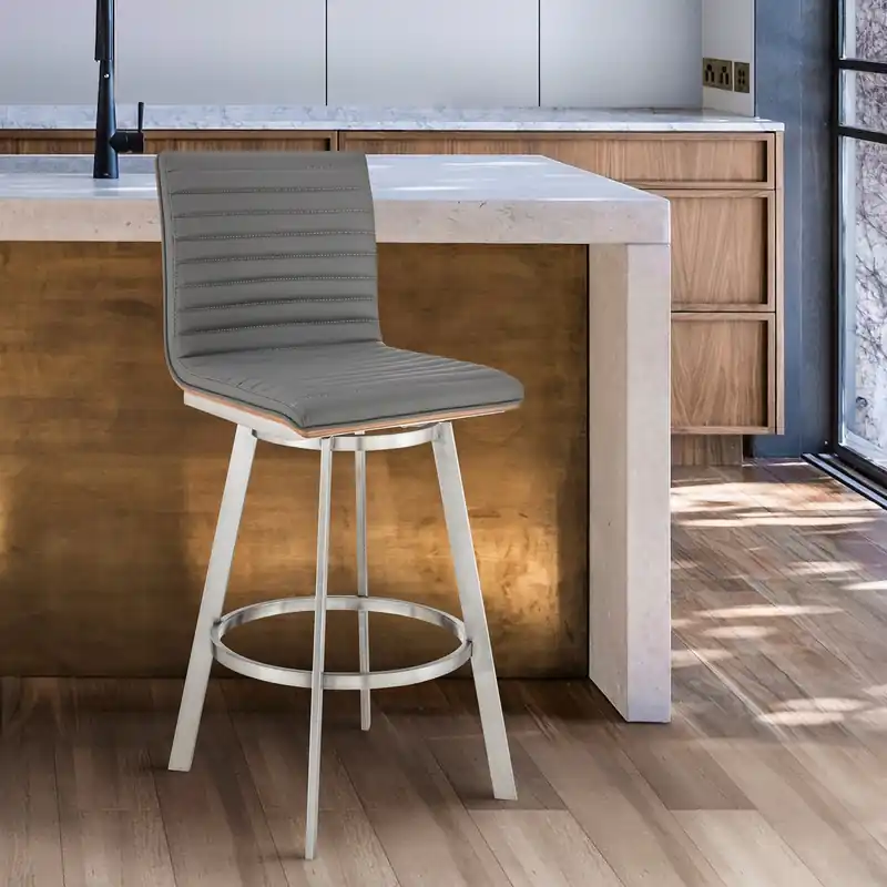 Nikole 30" Bar Height Walnut Swivel Bar Stool in Brushed Stainless Ste Free Returns