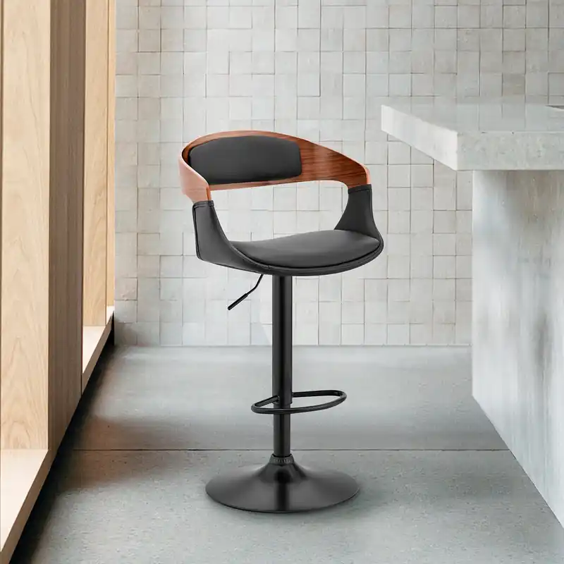 Best Choice Benson Adjustable Black Faux Leather and Walnut Wood Bar Stool with Bl