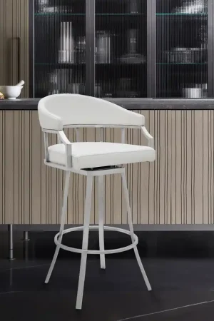 Best Price Palmdale Swivel Modern White Faux Leather 30" Barstool in Brushed Stai