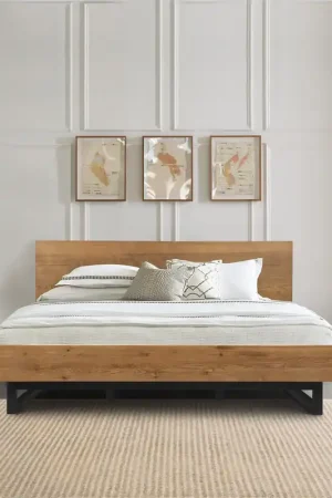 Aldo Queen Size Brown Oak Wood Platform Bed Frame with Black Metal Leg Luxury