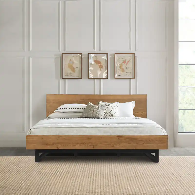 Aldo Queen Size Brown Oak Wood Platform Bed Frame with Black Metal Leg Luxury