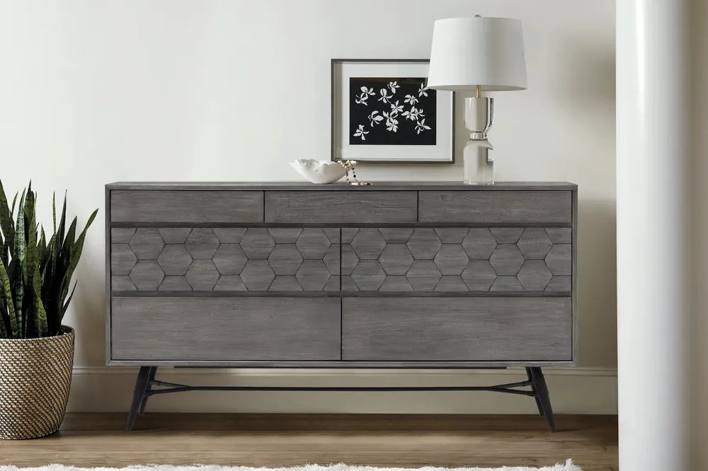 Makena 6 Drawer Dresser in Grey Acacia Wood By Armen Living Price Cut