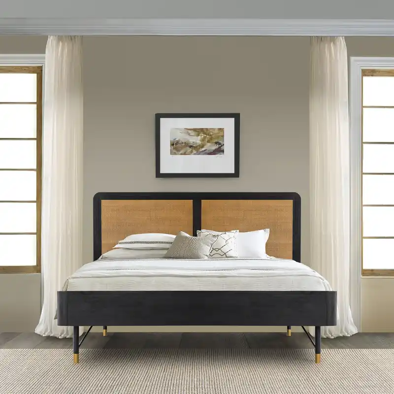 Viral Saratoga King Platform Frame Bed in Black Acacia with Rattan Headboard