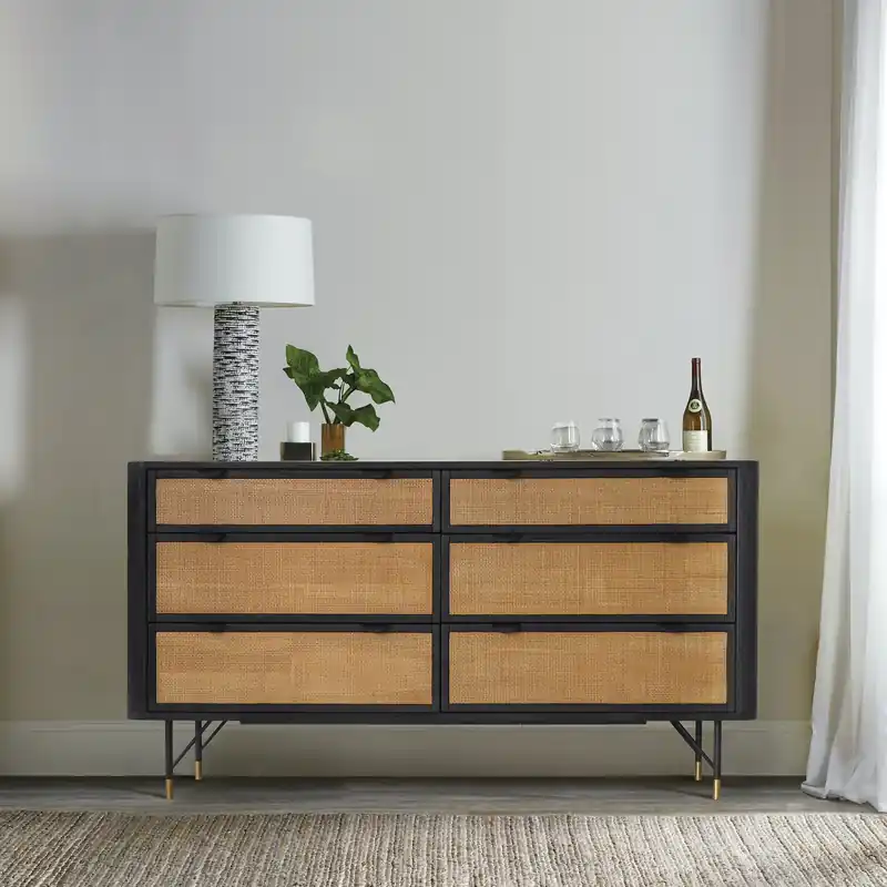 Next Day Delivery Saratoga 6 Drawer Dresser in Black Acacia with Rattan By Armen Living