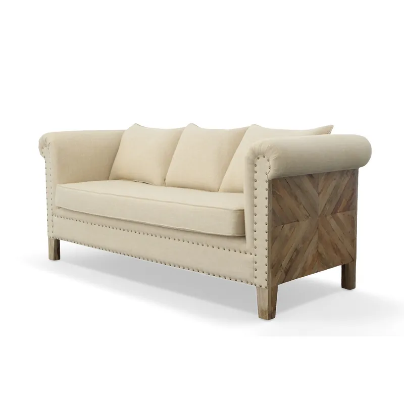 Buy Direct Mango Wood Solid Parquet and Linen Sofa 72 Inches