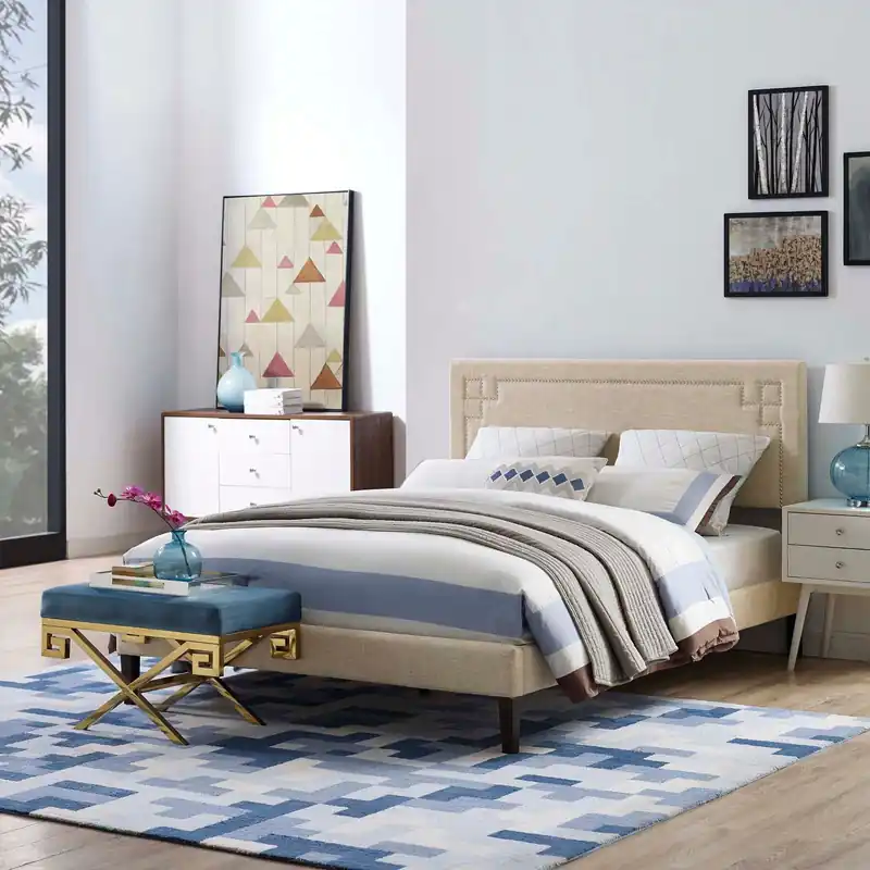 Authentic Ruthie Full Fabric Platform Bed with Squared Tapered Legs By Modway -