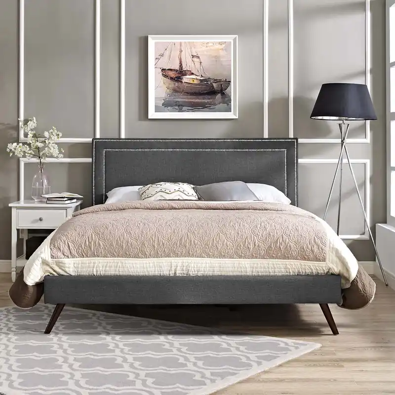 Same Day Shipping Virginia Queen Fabric Platform Bed with Round Splayed Legs By Modway -