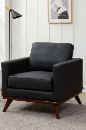 LeisureMod Chester Modern Leather Accent Arm Chair With Birch Wood Bas Popular