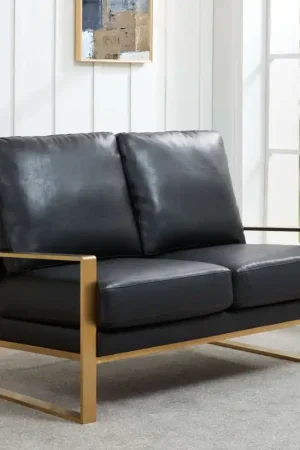 Crafted LeisureMod Leather Loveseat - Gold Frame - Black