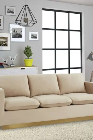 Bargain LeisureMod Nervo Modern Mid-Century Upholstered Velvet Sofa with Gold