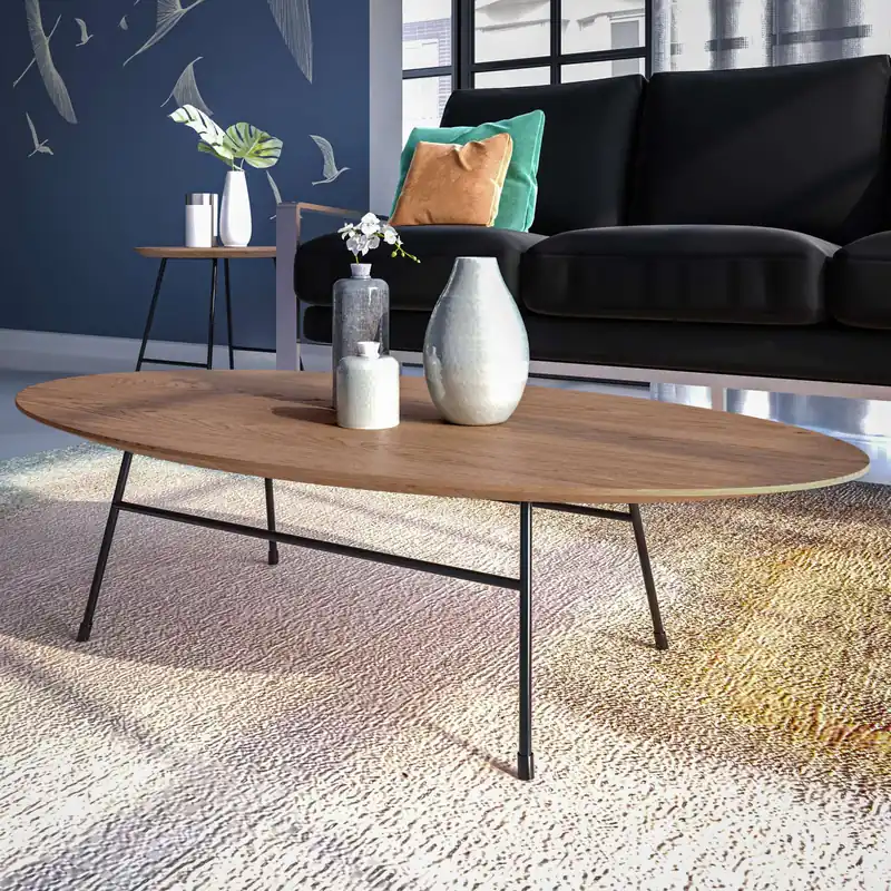 LeisureMod Rossmore Oval Coffee Table with Ash Veneer Top and Black Po Exclusive Offer