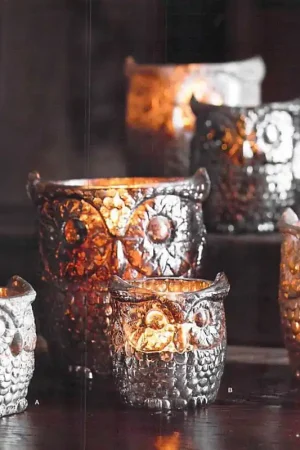 Crafted Textured Metallic Glow Moravian Owl Votive Holders
