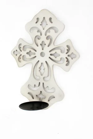 Wooden Cross Pillar Candle Holder - Set of 2 -White Final Sale