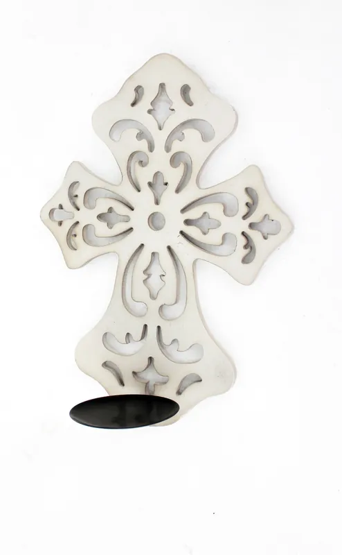 Wooden Cross Pillar Candle Holder - Set of 2 -White Final Sale