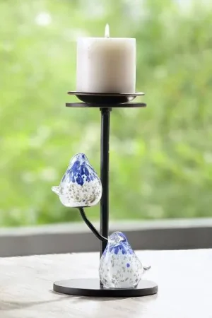 Blue Glass Bird Pair Pillar Candle Holders By SPI Home - 9in Height Limited Offer