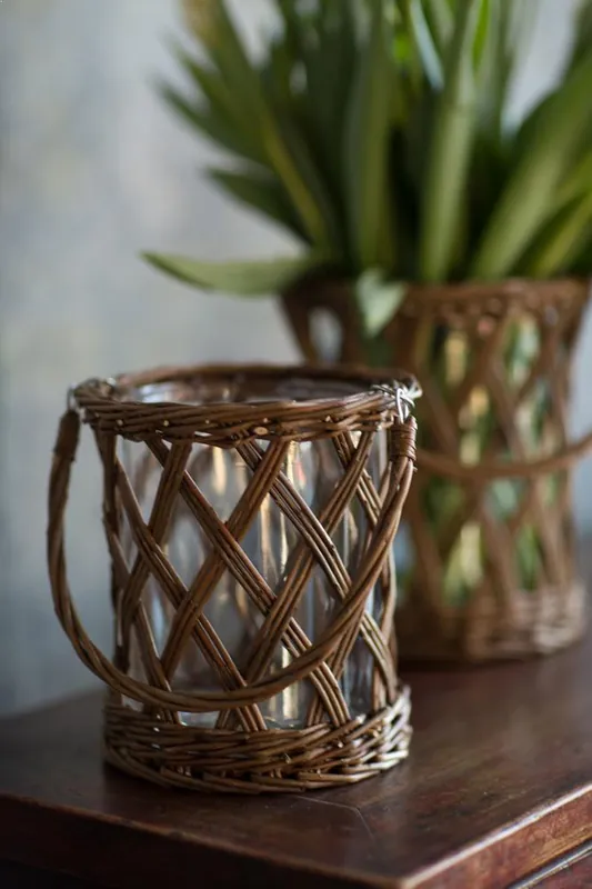 Vagabond Vintage Thick Glass and Wicker Vase with Handle Trusted Brand