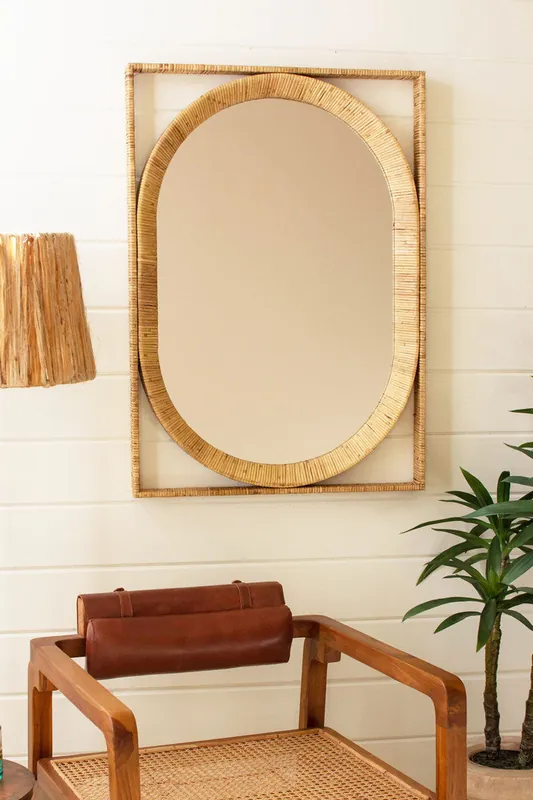 Rectangle/Oval Cane Wrapped Mirror By Kalalou New Arrival