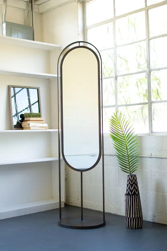 Bargain Tall Oval Floor Mirror with Rack and Basket on Back By Kalalou - Gunmetal