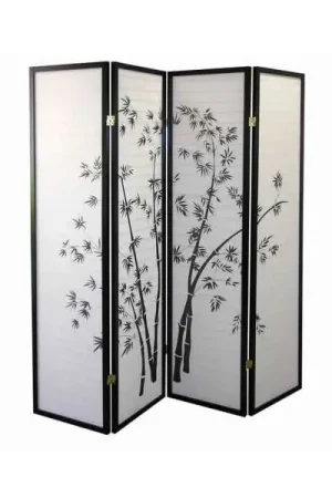 Wood And Paper 4 Panel Room Divider With Bamboo Print, White And Black By Benzara - White and Black Buy Direct