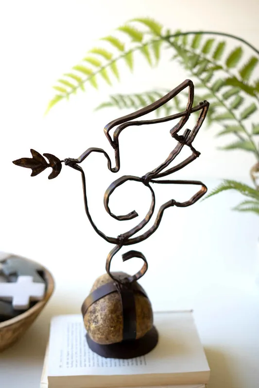 Worldwide Shipping Sister Clara Metal Peace Dove On Caged Rock Base By Kalalou