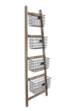 Wooden Ladder Storage Piece with 4 Baskets By Homeroots Money Back Guarantee