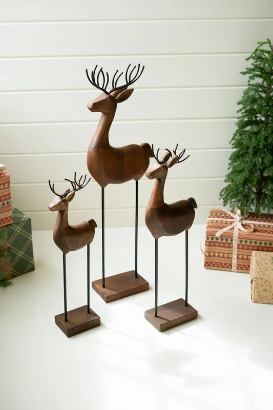 Buy Direct Carved Wood And Iron Reindeer On Bases Set Of 3 By Kalalou