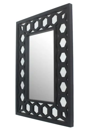 Rectangular Wooden Dressing Mirror With Lattice Pattern Design, Black By Benzara - Black Limited Offer