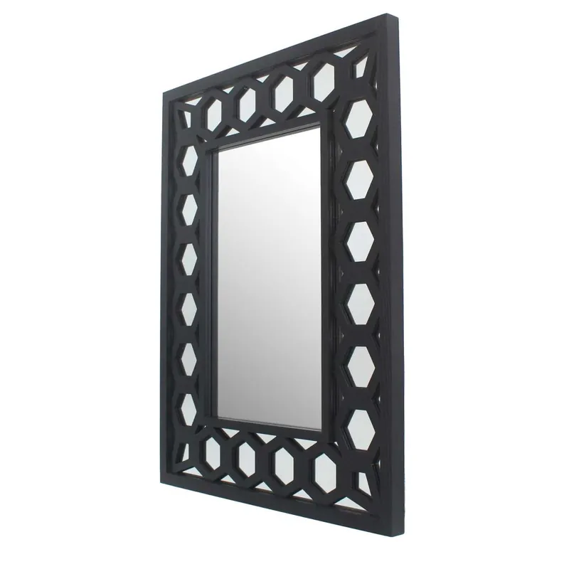 Rectangular Wooden Dressing Mirror With Lattice Pattern Design, Black By Benzara - Black Limited Offer