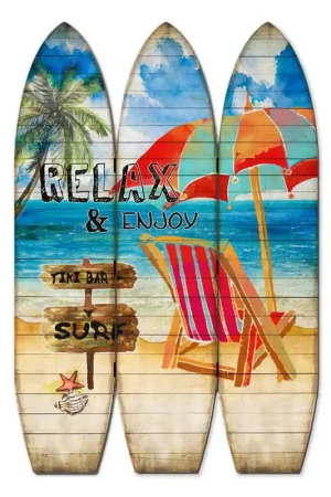 Lounge And Umbrella Print Surfboard Shaped 3 Panel Room Divider, Multicolor By Benzara - Multicolor Top Rated