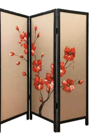 3 Panel Wooden Screen With Hand Painted Fabric Design, Red And Brown By Benzara - Red and Brown New Arrival