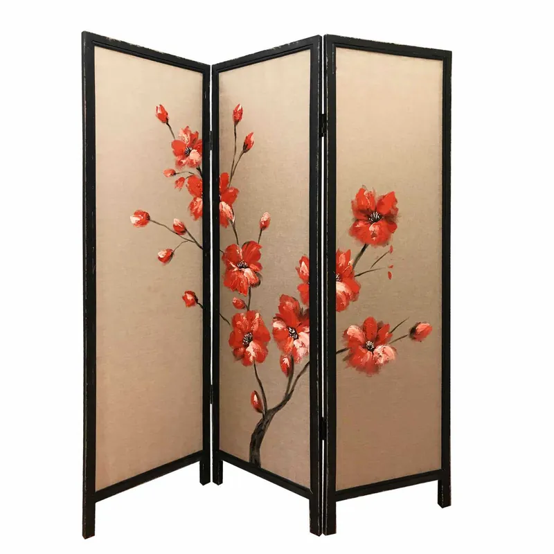 3 Panel Wooden Screen With Hand Painted Fabric Design, Red And Brown By Benzara - Red and Brown New Arrival