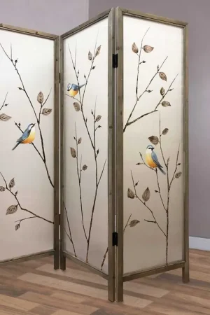 Place Order Art Styled 3 Panel Wooden Screen With Hand Painted Fabric Design, Beige By Benzara - Beige