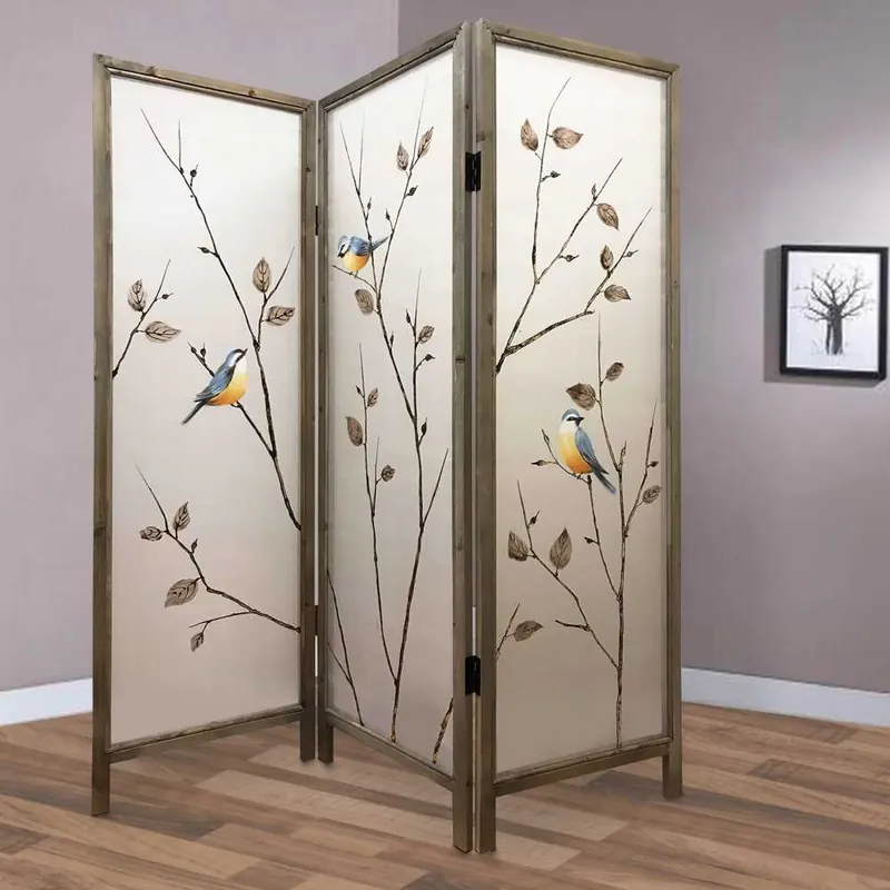 Place Order Art Styled 3 Panel Wooden Screen With Hand Painted Fabric Design, Beige By Benzara - Beige