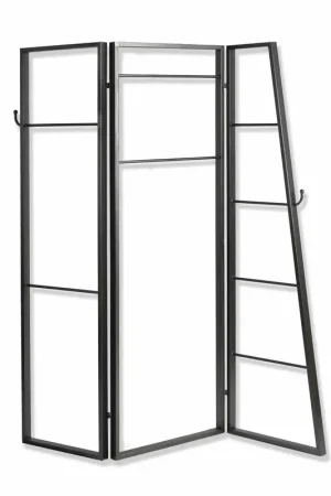 No Minimum Order Modern Style 3 Panel Metal Screen With Hooks And Rod Hangings, Black By Benzara - Black