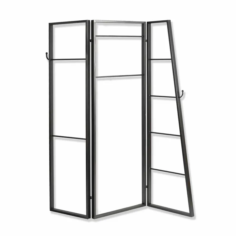 No Minimum Order Modern Style 3 Panel Metal Screen With Hooks And Rod Hangings, Black By Benzara - Black