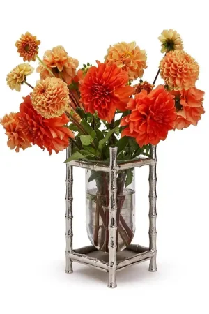 Silver Bamboo Vase with Glass Vessel Set Of 2 By Tozai Home Wholesale