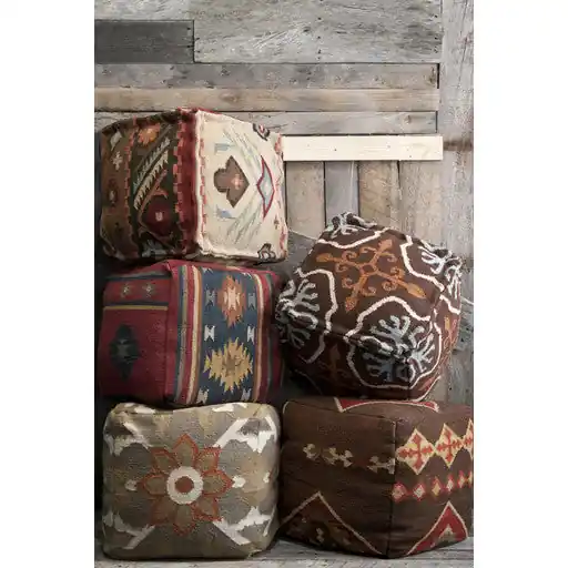 Direct From Factory Surya Poufs Cube Pouf - Southwest - POUF-19 - Dark Brown, Rust, Mustard, Tan
