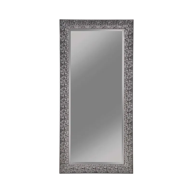 High Quality Rectangular Beveled Accent Floor Mirror With Glitter Mosaic Pattern, Gray By Benzara - Gray