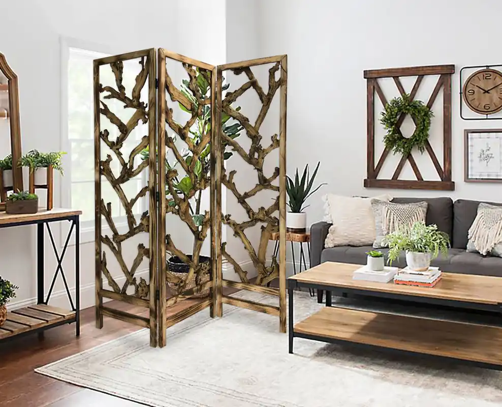 Fast Shipping Rustic Earthy Wood Root Three Panel Room Divider Screen By Homeroots
