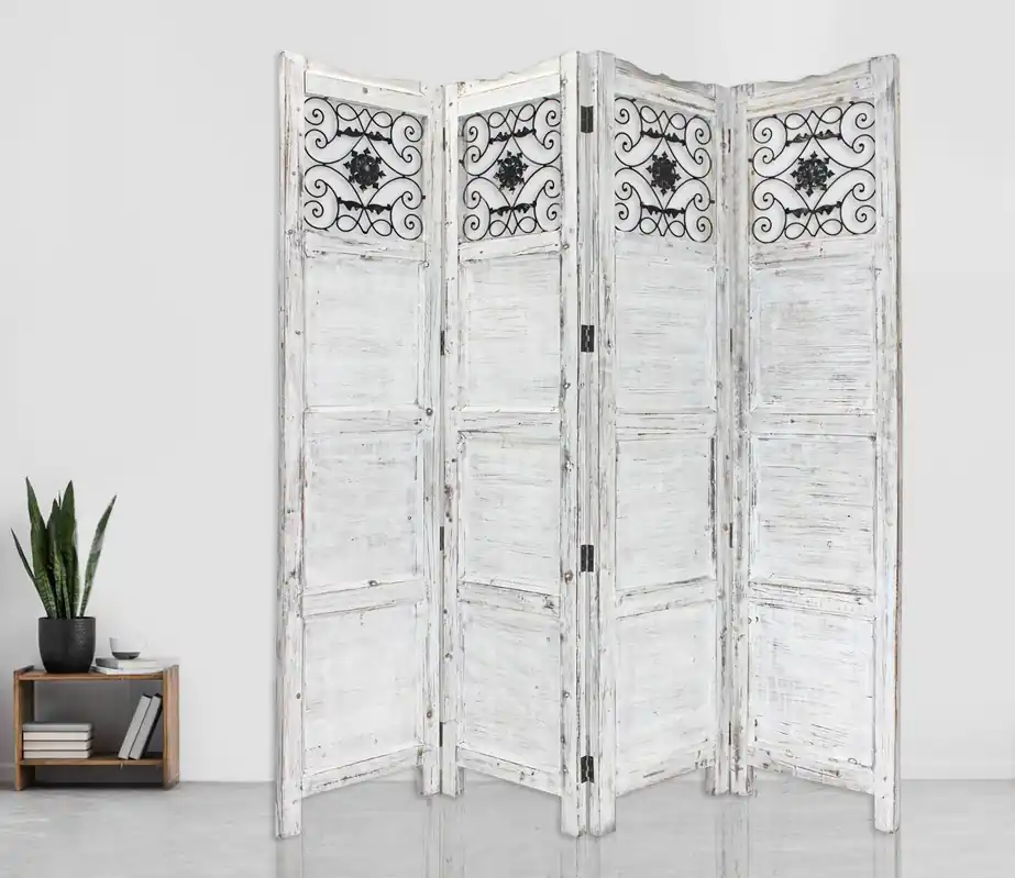 Exclusive Gray Wash 4 Panel with Scroll Work Room Divider Screen By Homeroots