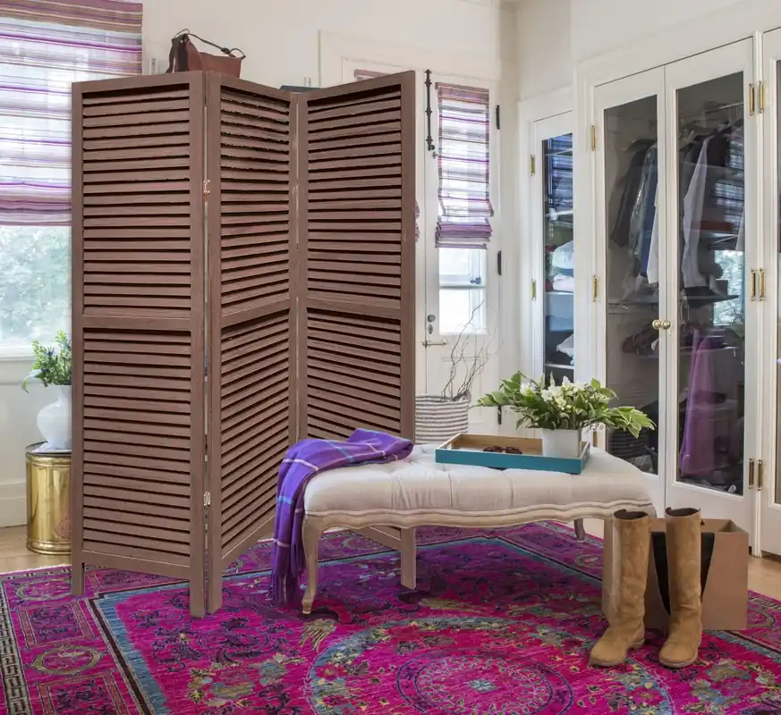 Stylish Three Panel Washed Brown Shutter Divider Screen By Homeroots Mega Sale