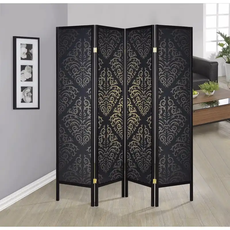 Exclusive Offer Captivating Four Panel Folding Screen With Damask Print, Black By Benzara - Black
