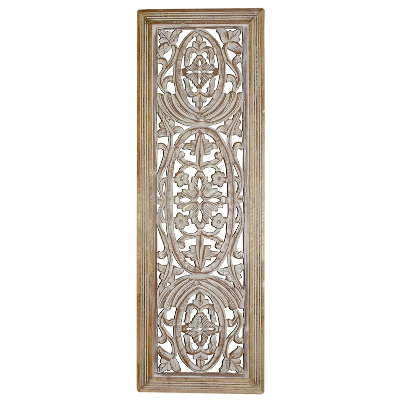 Crafted Rectangular Mango Wood Wall Panel Hand Crafted With Intricate Carving, White And Brown By Benzara - White and Brown